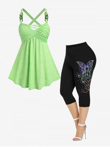 Curve Crisscross Ruched Tank Top and 3D Rhinestone Butterfly Print Cropped Leggings Plus Size Bundle