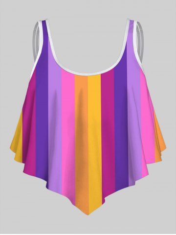 Colorblock Color Stripes Print Spaghetti Strap Tankini Top - MULTI-A - 3X