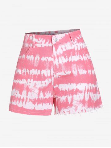 Plus Size Tie Dye Frayed Denim Shorts - LIGHT PINK - L