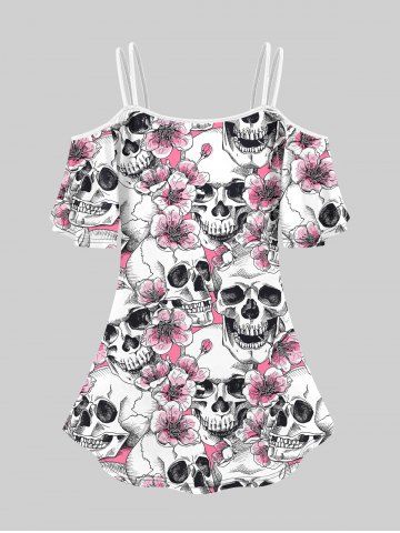 Gothic 3D Skull Floral Printed Cold Shoulder Tee