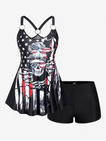 American Flag Skull Print O-Ring Buckle Boyleg Tankini Swimsuit - BLACK - L | US 12