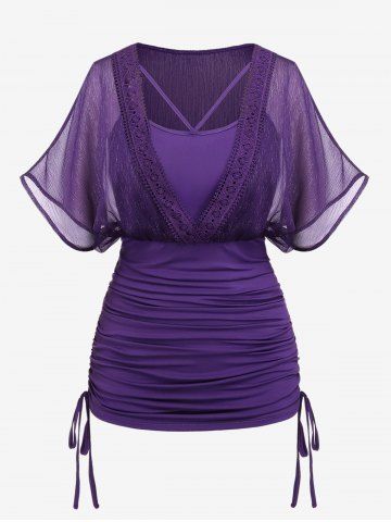 Plus Size Batwing Sleeves Guipure Lace Cinched Ruched 2 in 1 Tee - CONCORD - M | US 10