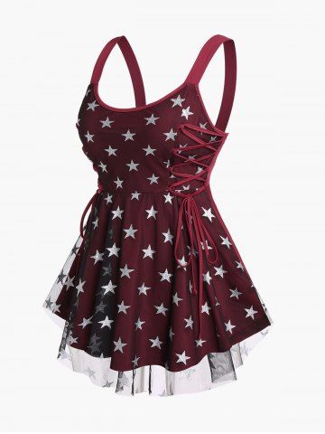 Plus Size Stars Printed Lace Up Tank Top