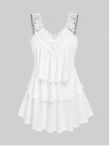 Plus Size Guipure Lace Panel Flounce Layered Tank Top - WHITE - 4X | US 26-28