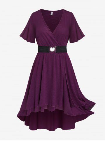 Plus Size Solid Colour Heart Ring Buckle Belted Surplice Dress - PURPLE - 3X | US 22-24