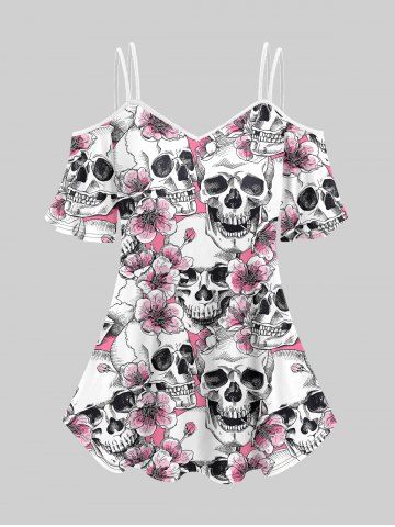 Gothic 3D Skull Floral Printed Cold Shoulder Tee - WHITE - M | US 10