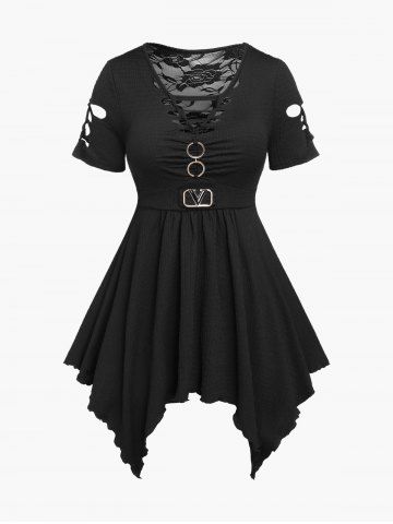 Plus Size O-Ring Lace Back Hollow Out Short Sleeves T-Shirt - BLACK - 1X | US 14-16