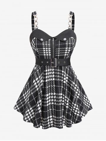 Plus Size Plaid Button Chains Buckle Belted Cami Top - BLACK - M | US 10