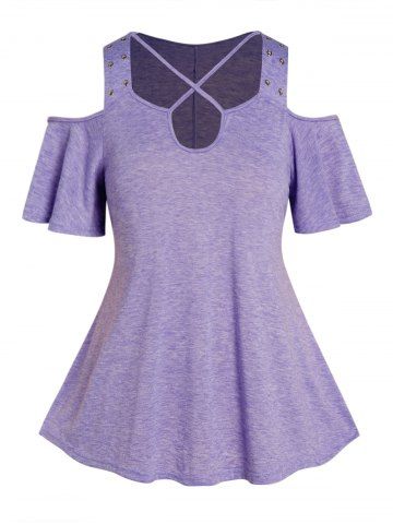Plus Size Heather Crisscross Cut Out Grommet Cold Shoulder T Shirt