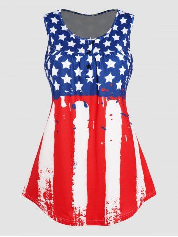 Star Striped Print Colorblock Button American Flag Tank Top - RED - M