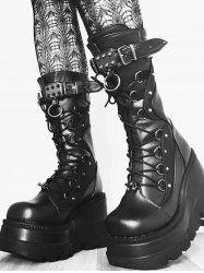 Punk Gothic Rivet Decor Lace-up Platform Wedge Combat Boots - Noir EU 40