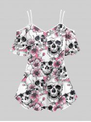 T-shirt Gothique Imprimé Floral Crânien 3D à Épaules Nues - Blanc 4X | US 26-28