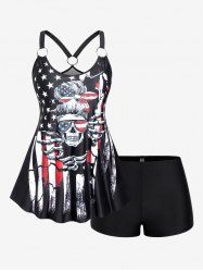American Flag Skull Print O-Ring Buckle Boyleg Tankini Swimsuit -  