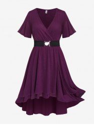 Plus Size Solid Colour Heart Ring Buckle Belted Surplice Dress -  
