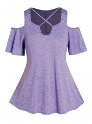 Plus Size Heather Crisscross Cut Out Grommet Cold Shoulder T Shirt -  
