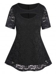 Plus Size Plain Color Peekaboo Cut Lace Panel Casual T Shirt -  