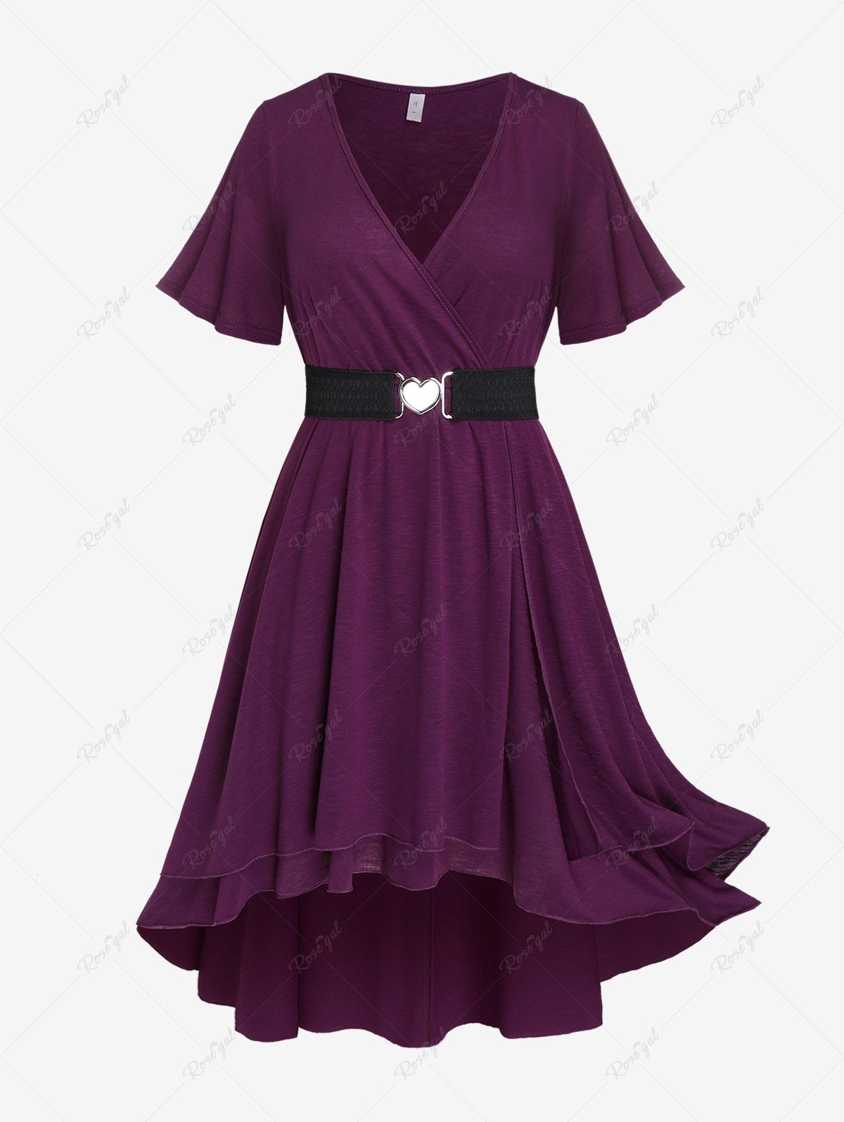 Discount Plus Size Solid Colour Heart Ring Buckle Belted Surplice Dress  