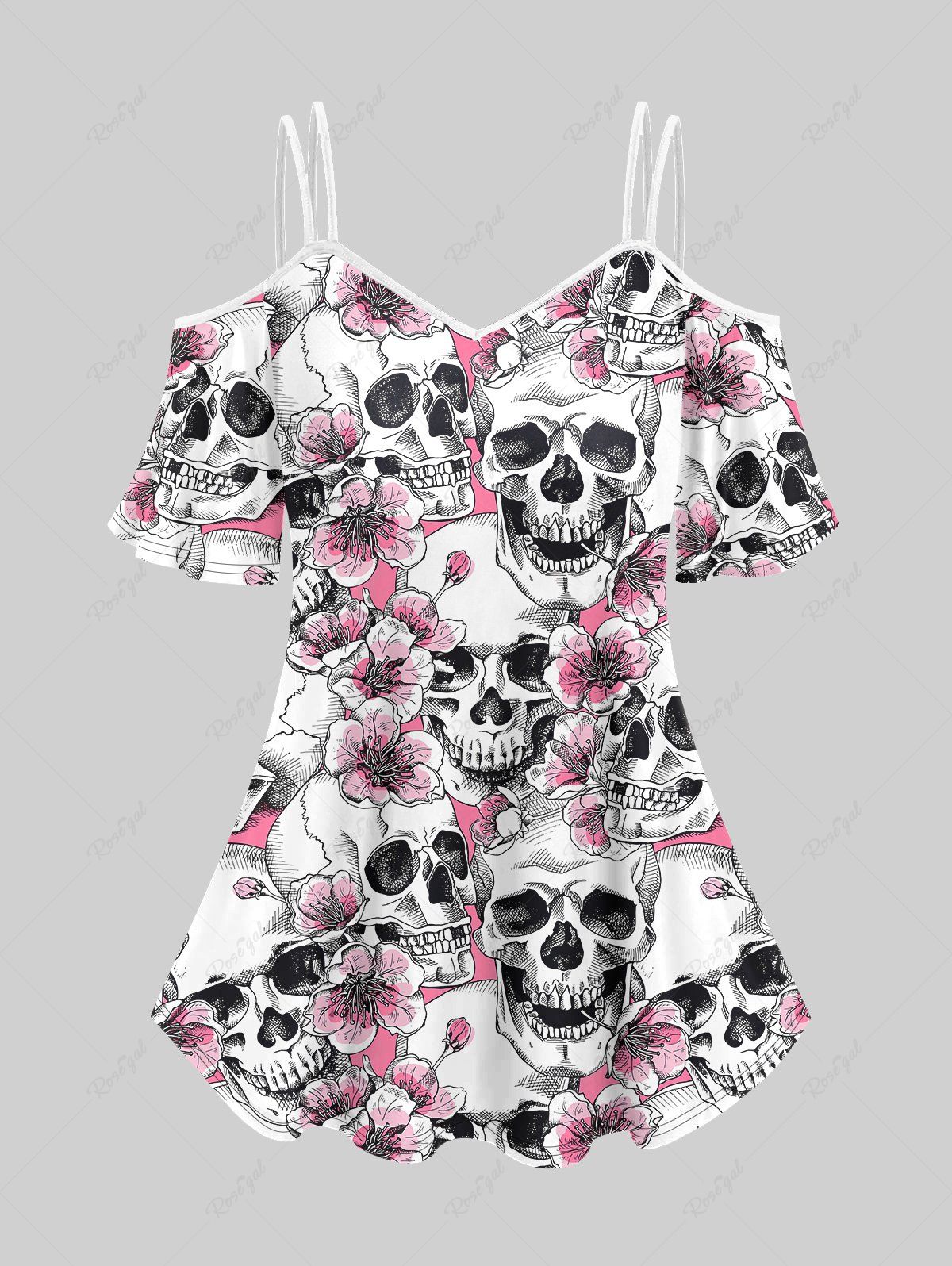T-shirt Gothique Imprimé Floral Crânien 3D à Épaules Nues Blanc 4X | US 26-28