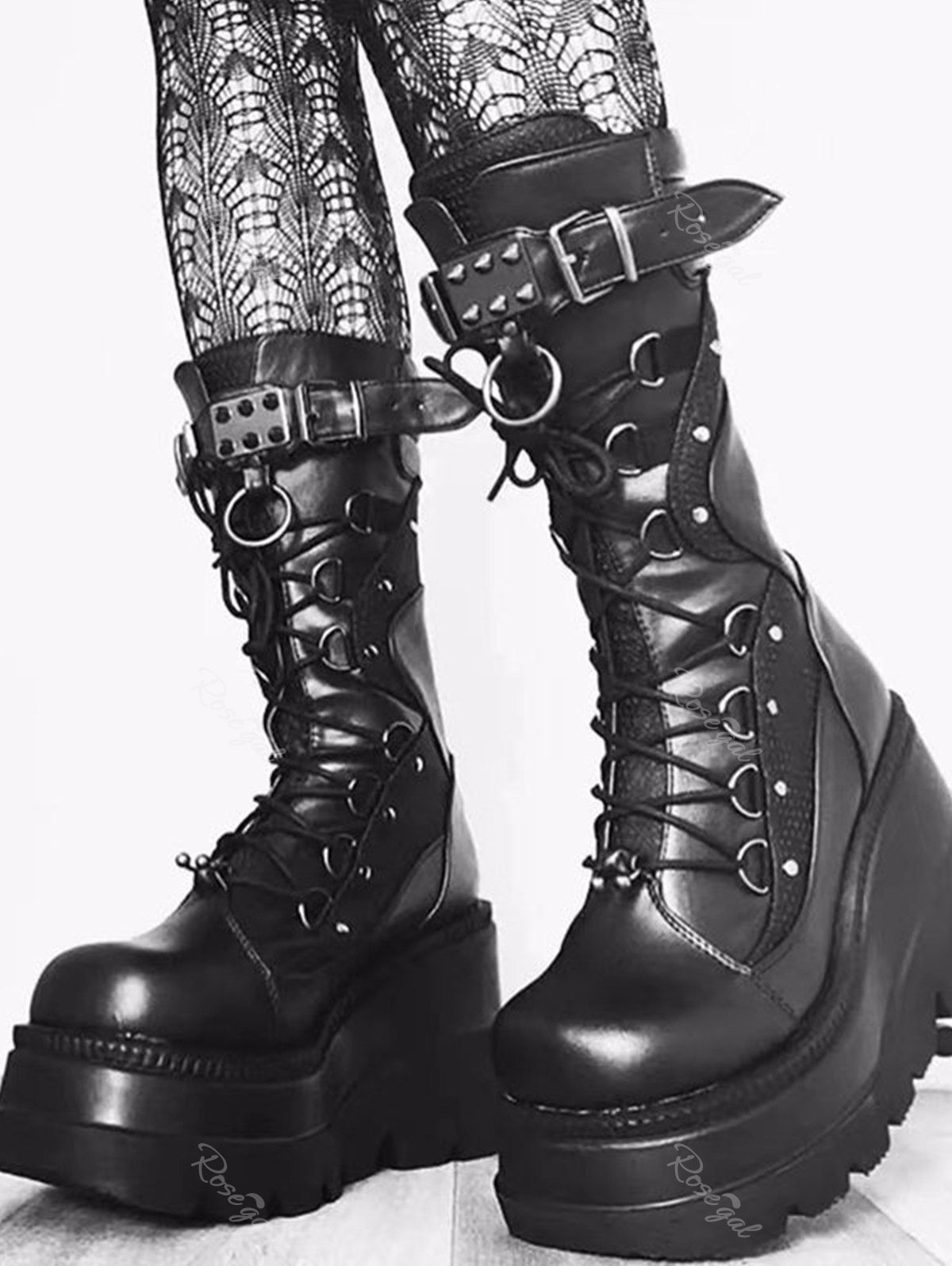 Punk Gothic Rivet Decor Lace-up Platform Wedge Combat Boots Noir EU 40