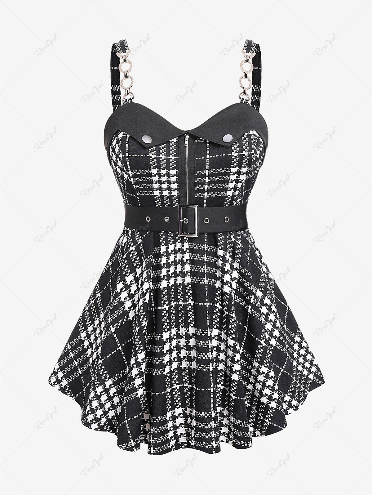 New Plus Size Plaid Button Chains Buckle Belted Cami Top  