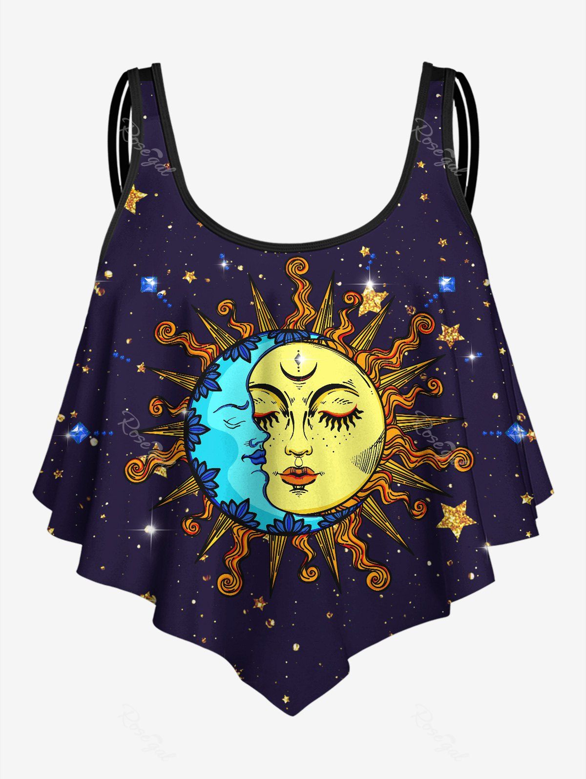 Fashion 3D Sun Moon Star Glitter Print Overlay Spaghetti Strap Tankini Top  
