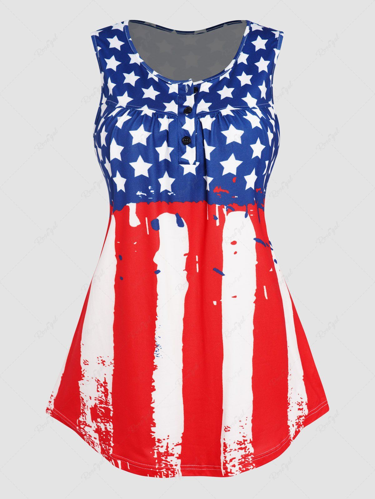 Fancy Star Striped Print Colorblock Button American Flag Tank Top  