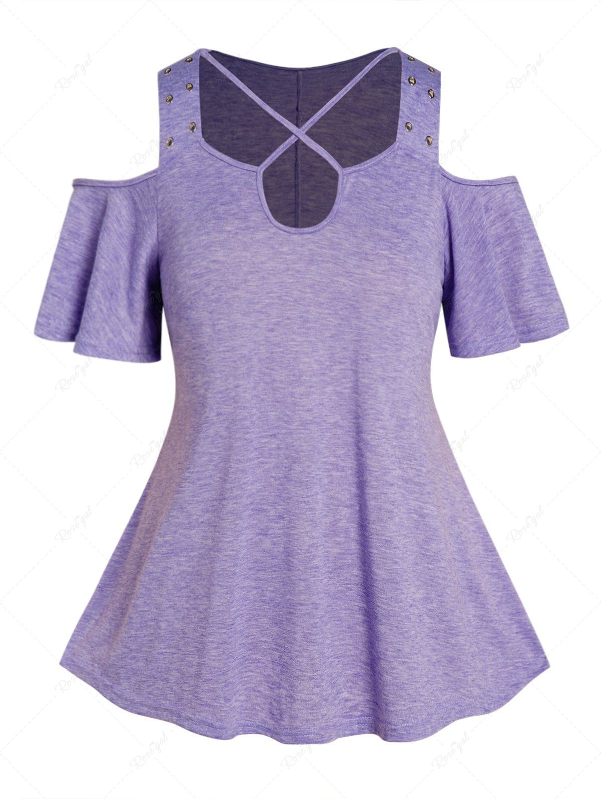 Unique Plus Size Heather Crisscross Cut Out Grommet Cold Shoulder T Shirt  