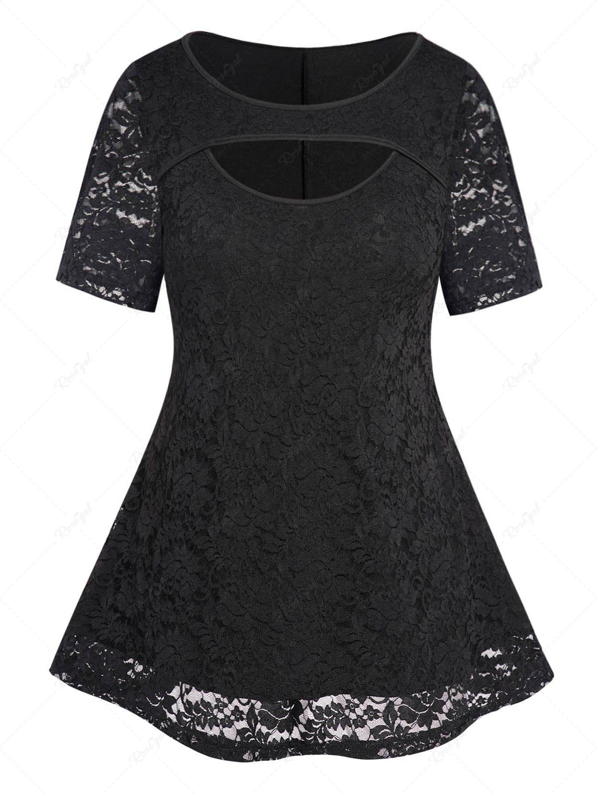 Unique Plus Size Plain Color Peekaboo Cut Lace Panel Casual T Shirt  