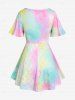 Hollow Out Tie Dye Flutter Sleeves Strappy Tee and High Waisted Lace Up Side Capri Pants Plus Size Outfit -  
