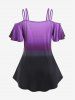 Plus Size Flower Print Ombre Color Cold Shoulder Tee -  