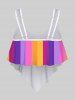 Colorblock Color Stripes Print Spaghetti Strap Tankini Top -  