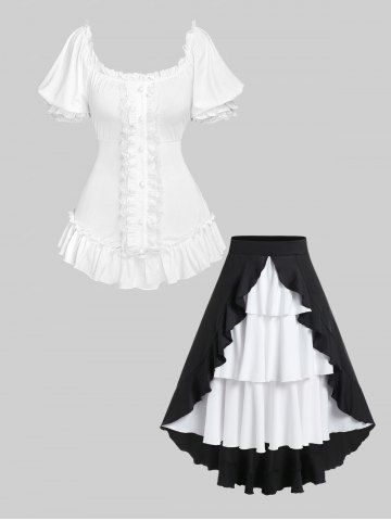 Retro Frilled Lace Panel Ruffle Top And High Low Flounce Two Tone Midi Layered Skirt Gothic Outfit - WHITE