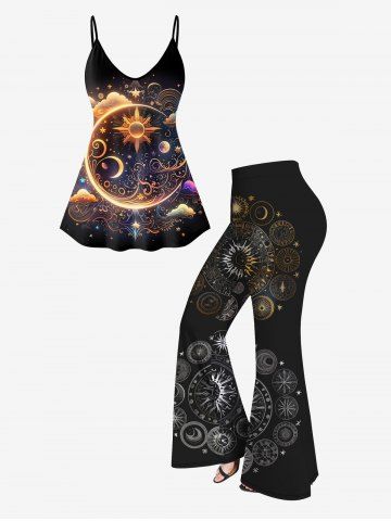 3D Sun Moon Cloud Glitter Print Cami Top And 3D Sun Moon Star Glitter Print Flare Pants Gothic Outfit - BLACK