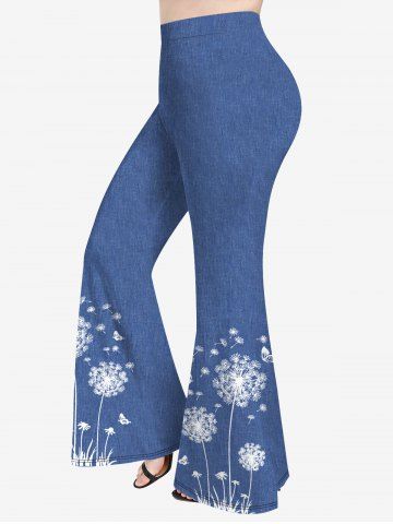 Pantalon Evasé 3D Pissenlit Imprimé de Grande Taille en Denim - BLUE - 5X | US 30-32