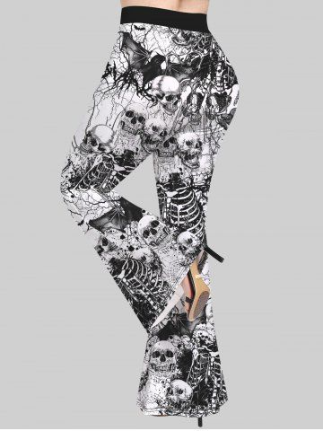 Gothic 3D Skull Skeleton Bat Print Flare Pants