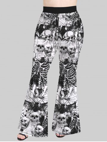 Gothic 3D Skull Skeleton Bat Print Flare Pants
