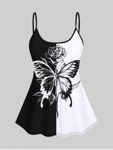3D Flower Leaves Butterfly Colorblock Print Backless Spaghetti Strap Tankini Top - BLACK - XS