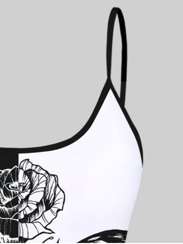 3D Flower Leaves Butterfly Colorblock Print Backless Spaghetti Strap Tankini Top