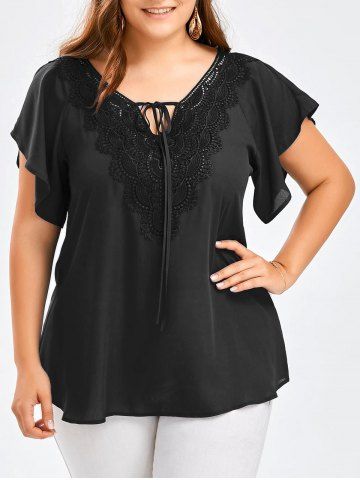 Plus Size Guipure Lace Panel Tie Butterfly Sleeve Blouse - BLACK - XL