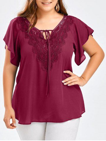 Plus Size Guipure Lace Panel Tie Butterfly Sleeve Blouse - DEEP RED - XL