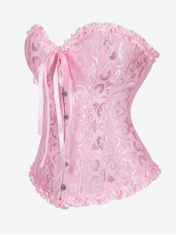 Gothic Frilled Lace-up Boning Overbust Brocade Corset - LIGHT PINK - XL