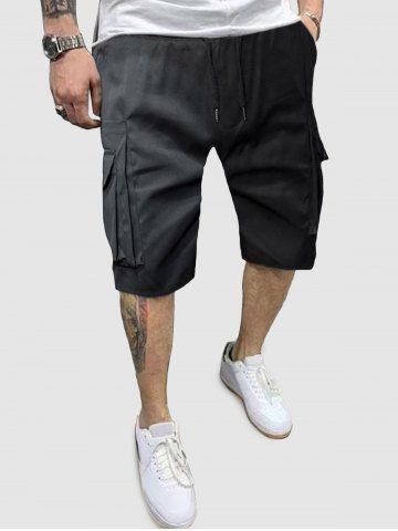 Flap Large Pockets Design Drawstring Cargo Shorts - BLACK - XXL