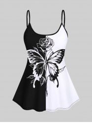 Haut à Bretelle Fine 3D Papillon et Fleur Imprimés en Blocs de Couleurs sans Dos - Noir M