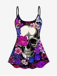Haut de Tankini Gothique à Bretelle Fine Ajustable Crâne Fleur Imprimées sans Dos de Grande Taille - Pourpre  L