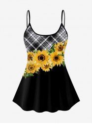 3D Sunflowers Leaves Black White Plaid Print Backless Spaghetti Strap Tankini Top -  