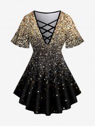 Plus Size 3D Sparkling Sequin Print Crisscross V Neck Short Sleeve T-Shirt -  