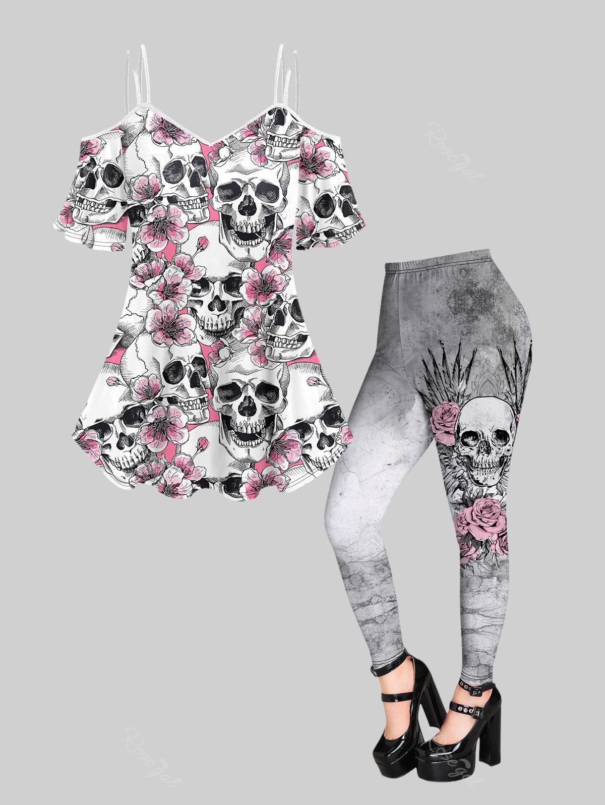 Unique Gothic 3D Skull Flower Printed Cold Shoulder T-Shirt and Rose Print Leggings Outfit  