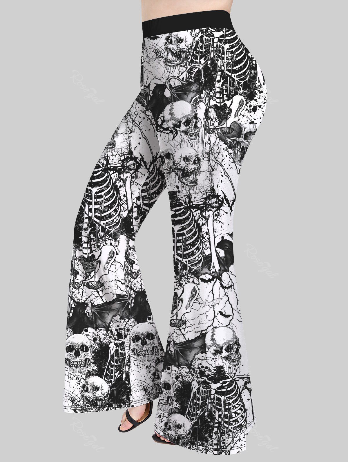 Pantalon Évasé Imprimé Chauve-Souris et Squelette 3D Noir 4X | US 26-28