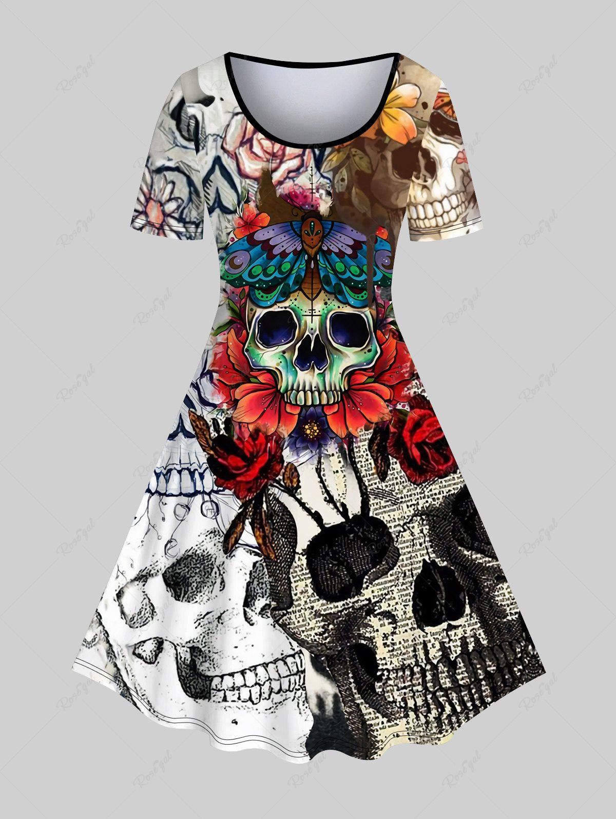 Fashion Gothic 3D Rose Flower Butterfly Skull Heart Print Short Sleeve Dress  
