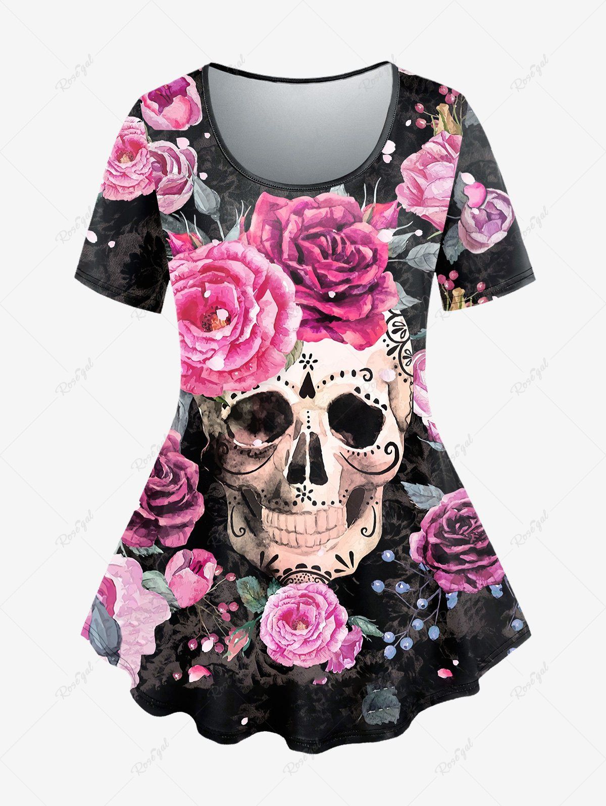 T-shirt Gothique 3D Feuille et Fleur Imprimées à Manches Courtes Noir 1X | US 14-16